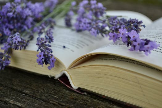 NK#02: "Mối tình đầu" An open book adorned with lavender flowers on a rustic wooden surface, evoking a sense of serenity.